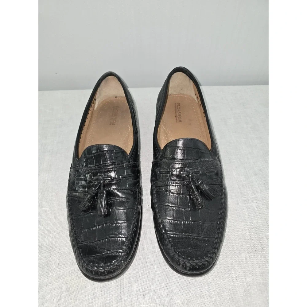Pisa Florsheim Mens Black Shoes Crocodile Print Leather Slip On 18469-01 11.5 D